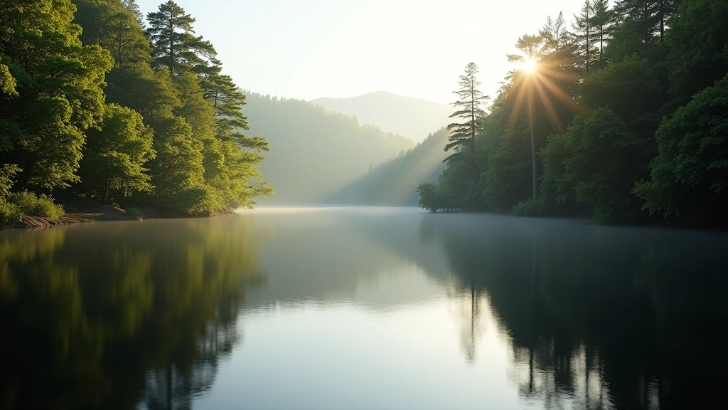 Peaceful lake or water feature surrounded by forest trees creating mirror reflection