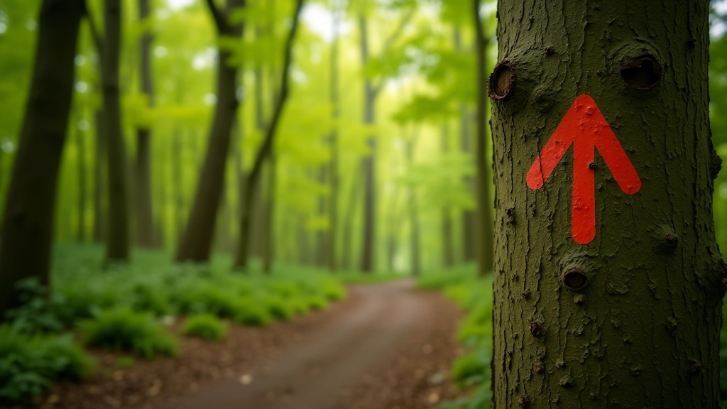 Red-marked forest trail winding through deciduous trees with water visible through branches, dappled sunlight