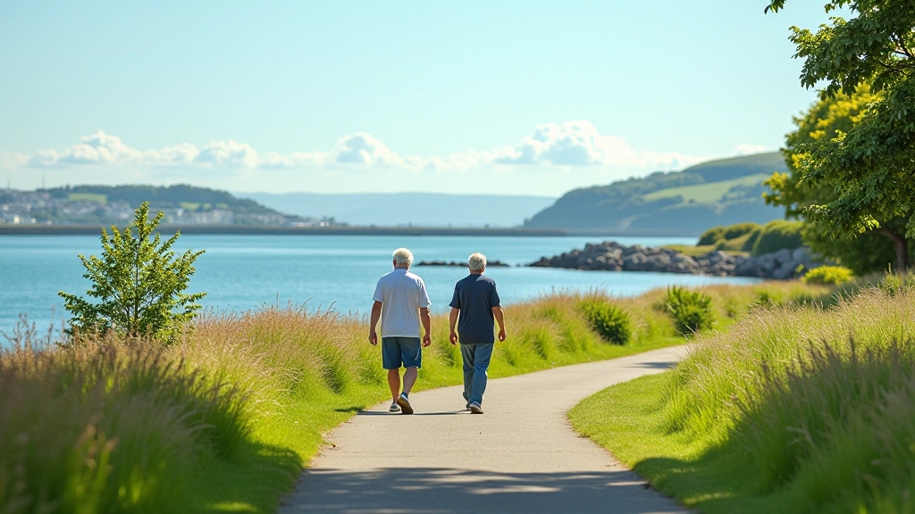 Galway coastal park path with city views