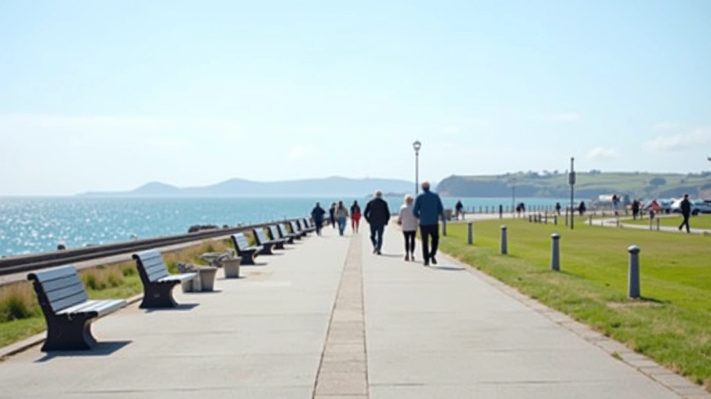 Galway Salthill promenade with ocean views, accessible concrete pathway, benches, and Aran Islands visible in the distance