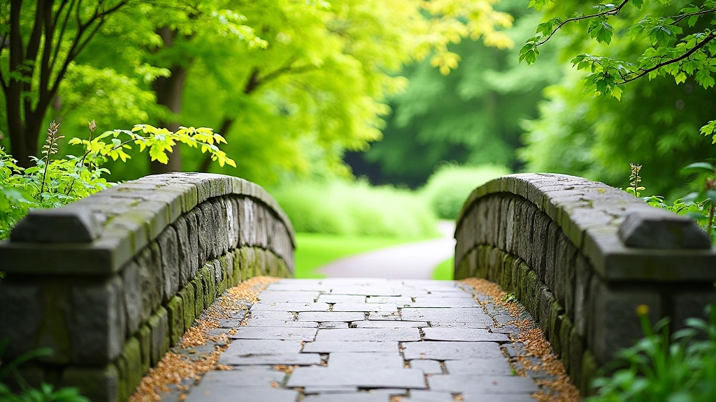 Historic stone bridge or pathway feature in park with natural stone architecture
