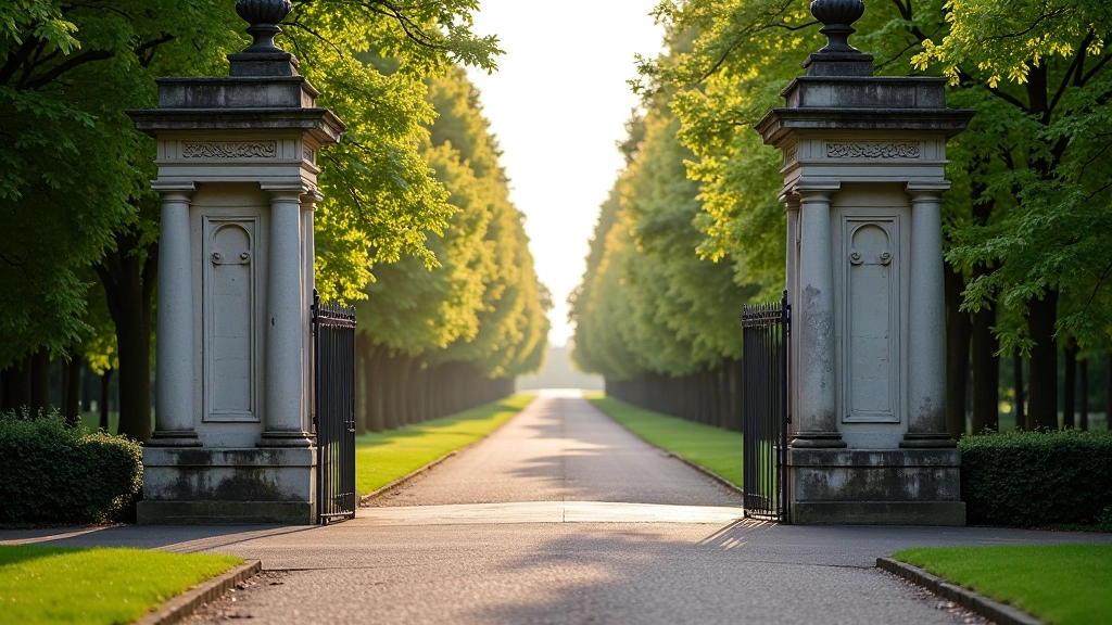 Phoenix Park main entrance gate with stone pillars and tree-lined avenue, Dublin historic park entrance