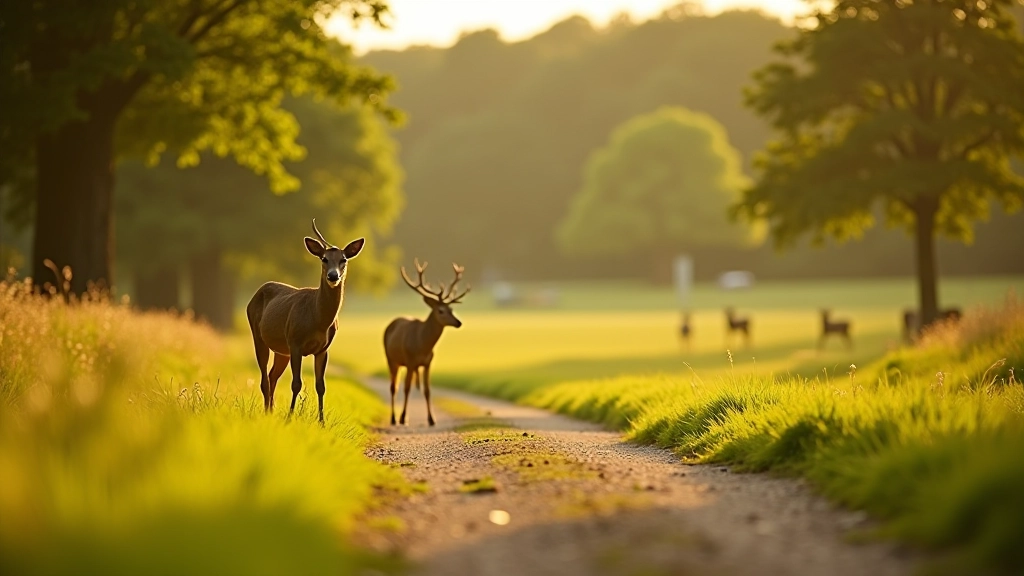Phoenix Park scenic walking path with deer grazing peacefully in meadow, natural wildlife viewing spot
