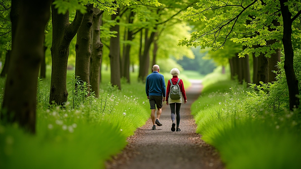 Retirees enjoying a peaceful nature walk on a well-maintained Irish trail surrounded by green woodland