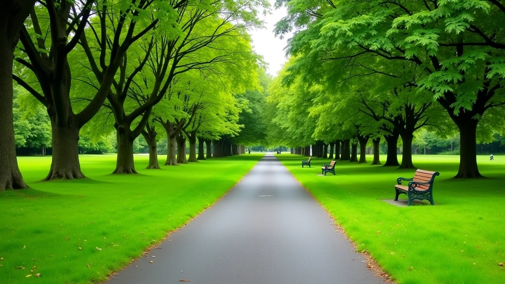 Peaceful park setting in Galway with wide walking paths, benches, and mature trees providing shade