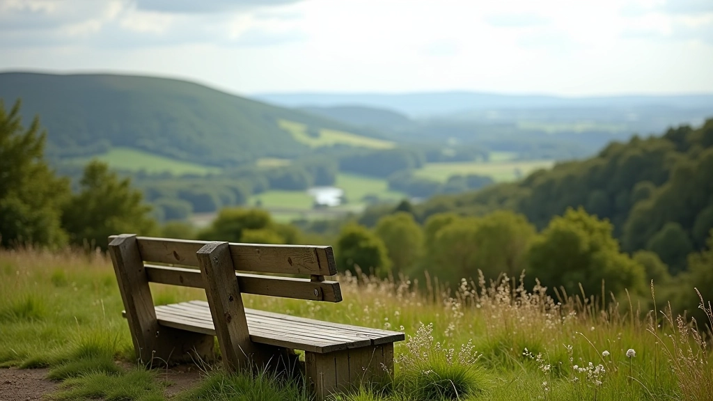 Wooden bench rest stop overlooking scenic valley vista and distant mountains